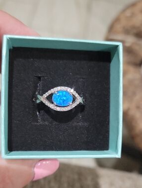 Blue Opal Halo Silver Ring - Women's Jewelry